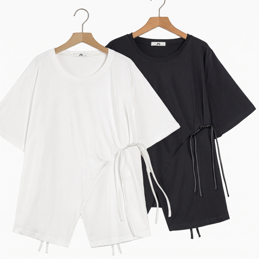 Plus Size Round Neck Short Sleeve Drawstring Tunic Top - image 0