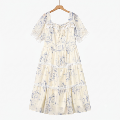 Square Neck Puff Short Sleeve Lace Trim Tiered Summer Dress - Beige - 6XL - image 0
