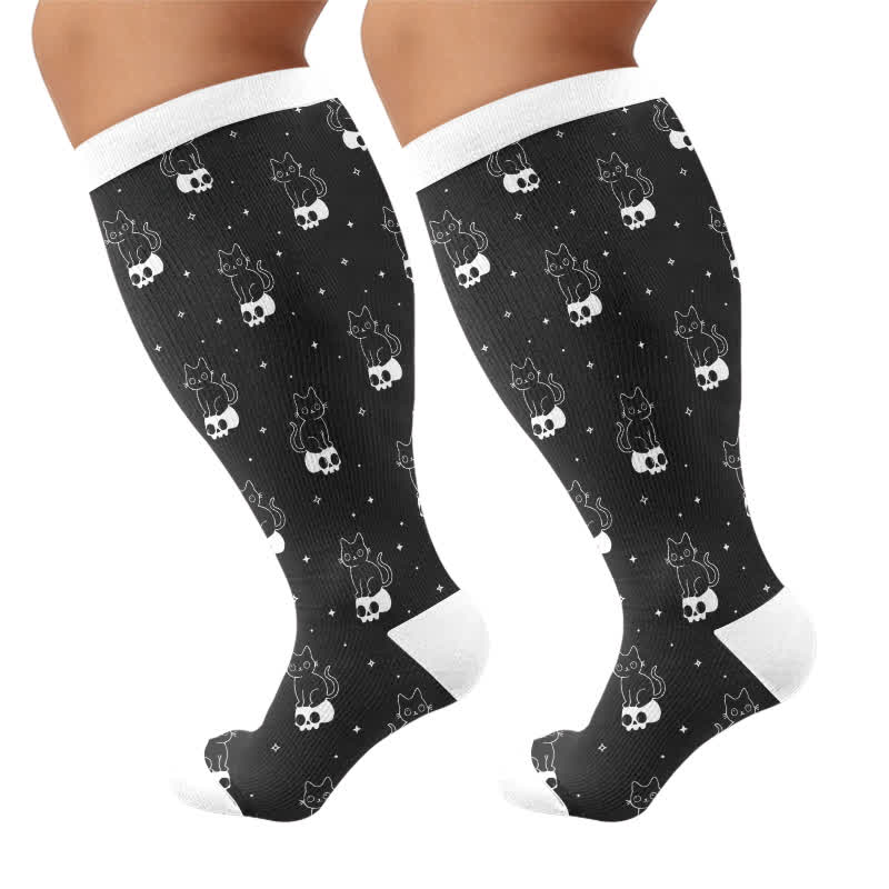 Plus Size Cartoon Ghost Cat Compression Socks - Black - 4XL - image 6