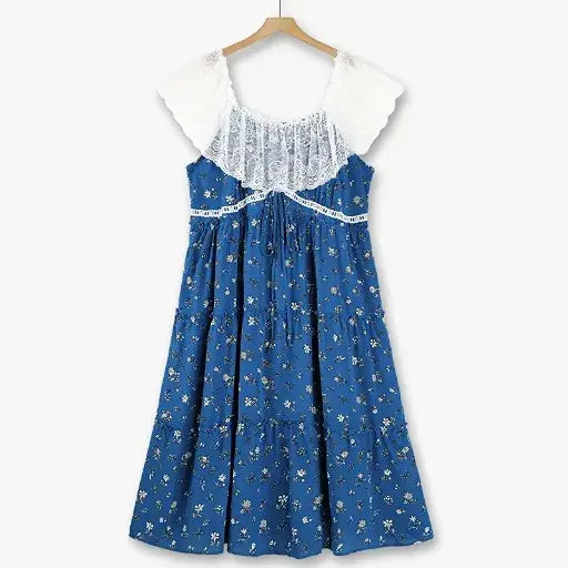 Plus Size Lace Flutter Sleeve Ditsy Floral Tiered Summer Midi Dress - Blue - 6XL - image 0