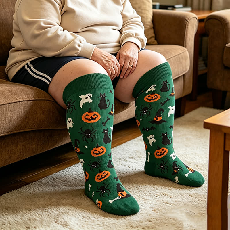 Plus Size Black Cat Bat Compression Socks - Green - 4XL - image 2