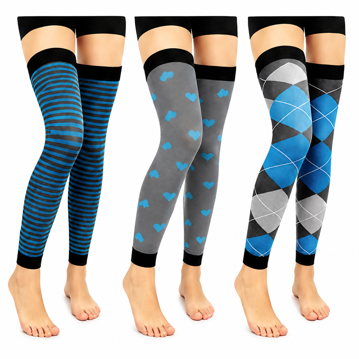 Gray Blue Colorblock Thigh High Compression Sleeves(3 Pairs) - Multicolor - L/XL - image 0