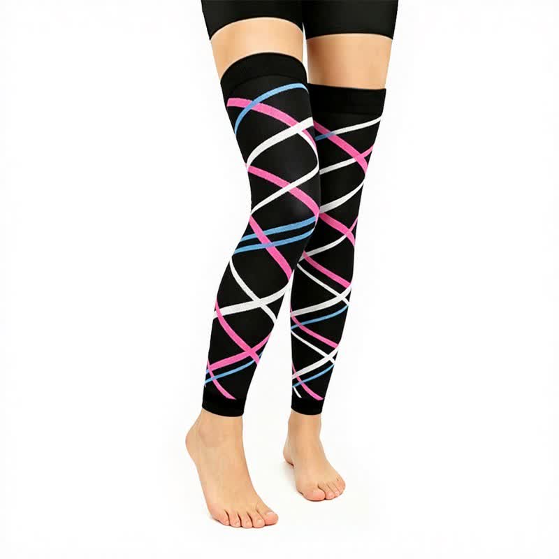 Black Pink Colorblock Thigh High Compression Sleeves(3 Pairs) - Stripe - L/XL - image 1