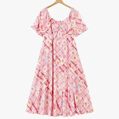Plus Size Square Neck Puff Short Sleeve Plaid Daisy Print Summer Maxi Dress - Pink - 6XL - image 0