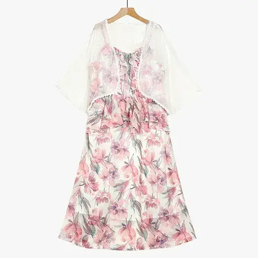 Plus Size Sheer Cardigan Lightweight Floral Ruffle V-Neck Summer Dress Set - image 1