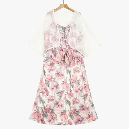 Plus Size Sheer Cardigan Lightweight Floral Ruffle V-Neck Summer Dress Set - image 1