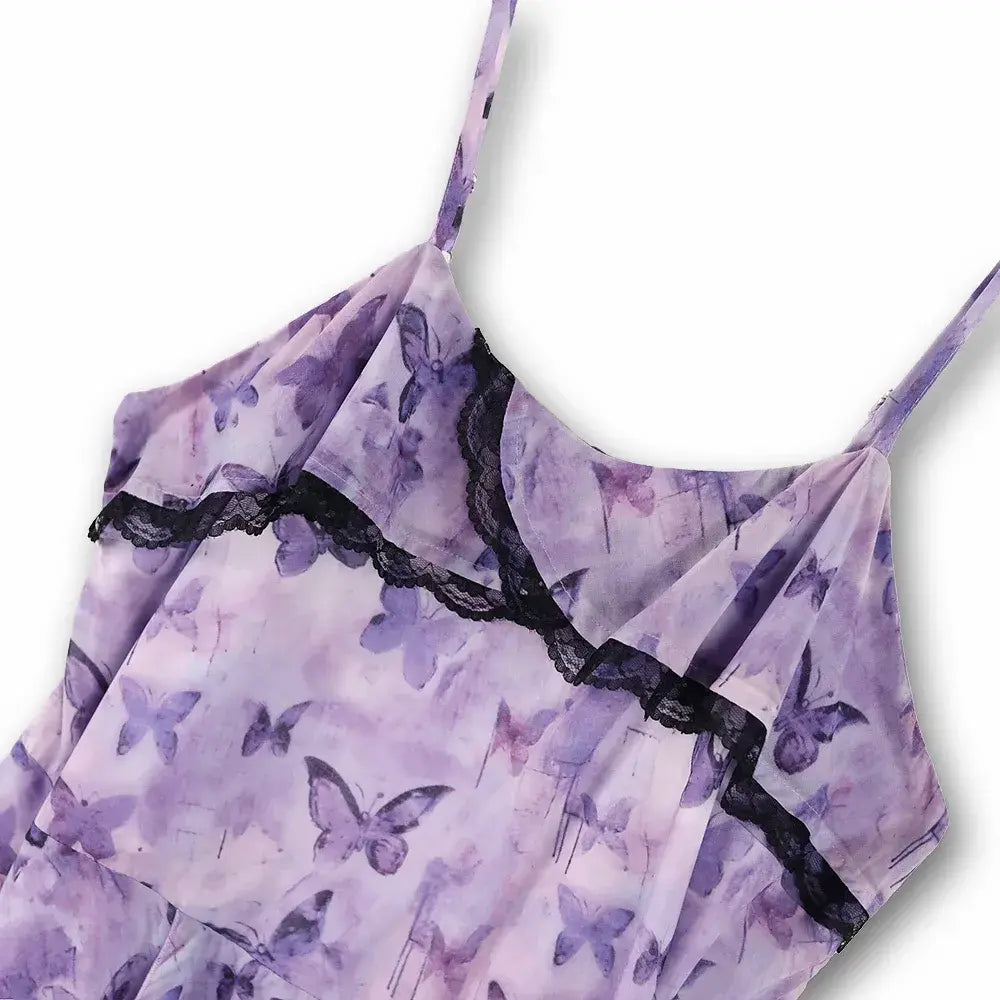 Plus Size Lavender Butterfly Print Black Lace Trim Asymmetrical Midi Slip Dress - image 2