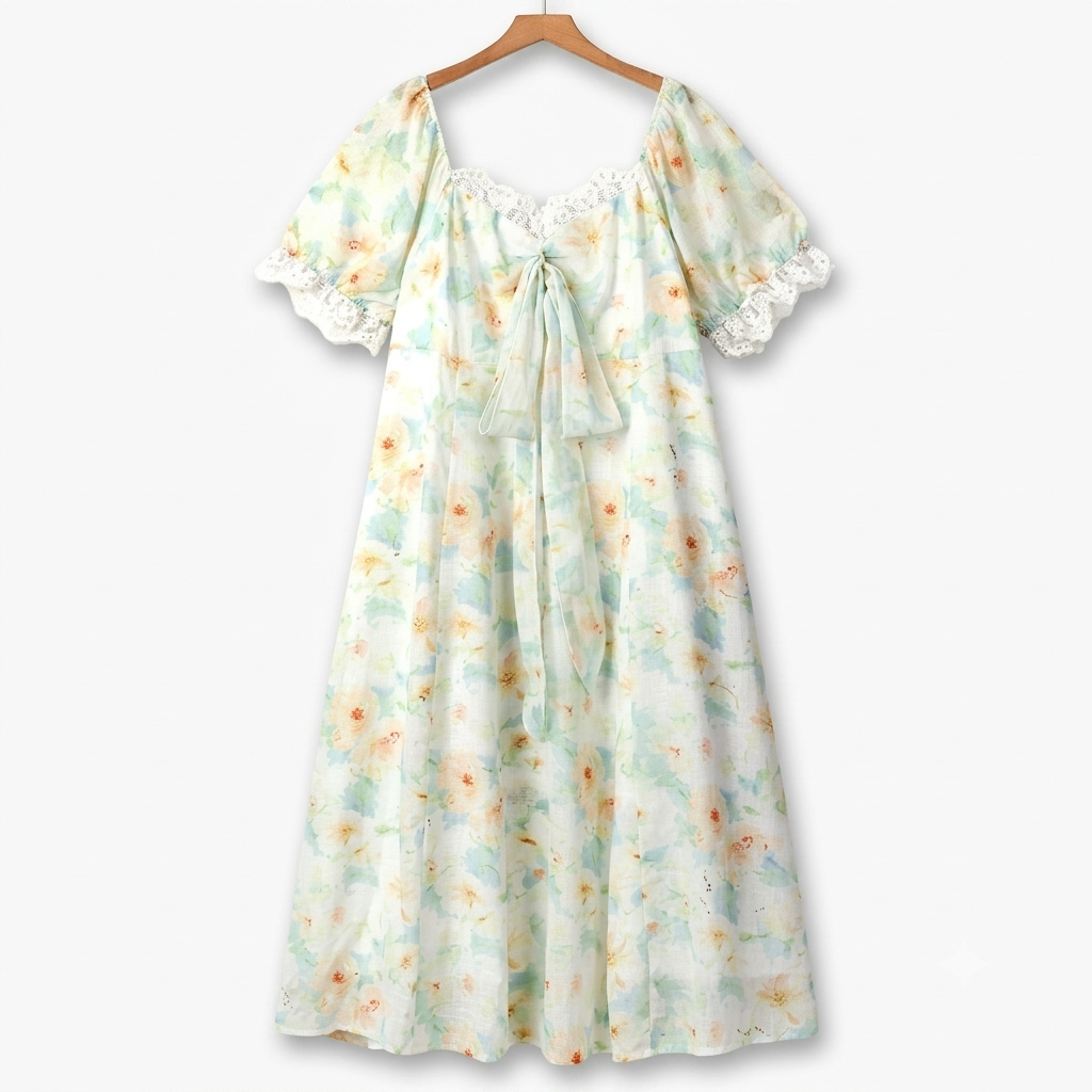 Plus Size Square Neck Lace Trim Floral Print Puff Sleeve Summer Maxi Dress - Mint - 6XL - image 0