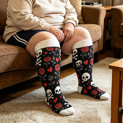 Plus Size Red Stripe Bat Skull Compression Socks - Black - 4XL - image 2