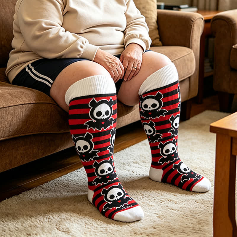 Plus Size Red Stripe Bat Skull Compression Socks - Red - 4XL - image 1