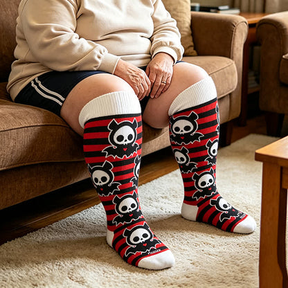 Plus Size Red Stripe Bat Skull Compression Socks - Red - 4XL - image 1