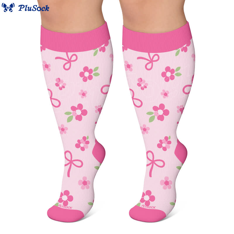 Plus Size Pink Bow Floral Compression Socks - image 5