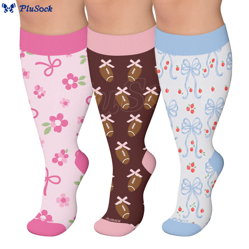 Plus Size Pink Bow Floral Compression Socks - image 0