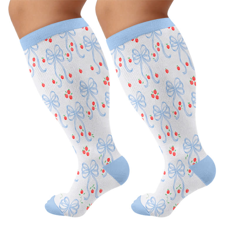 Plus Size Pink Bow Floral Compression Socks - Blue - 4XL - image 10