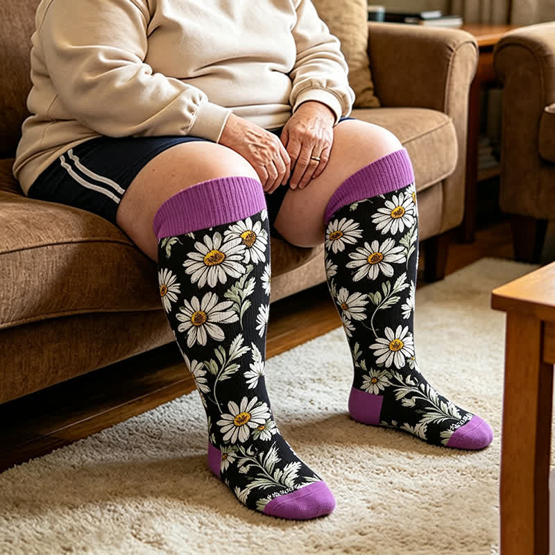 Plus Size Daisy Bloom Compression Socks - Purple - 4XL - image 1