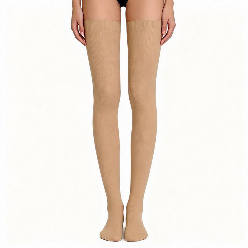 Solid Color Thigh High Compression Socks(3 Pairs) - Nude - S/M - image 1