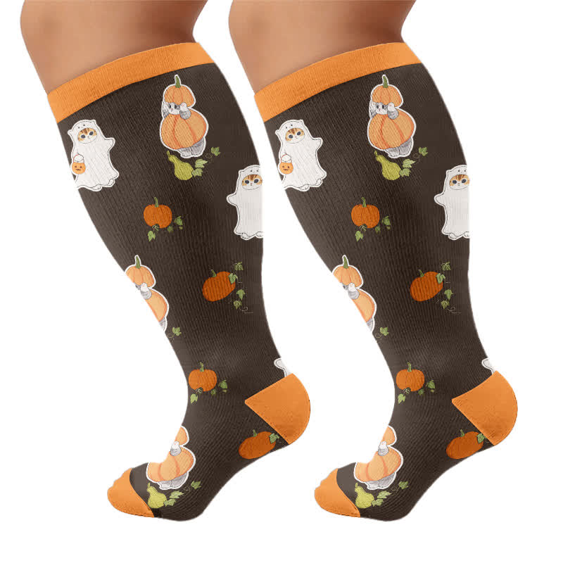 Plus Size Purranormal Pumpkin Night Compression Socks - Brown - 4XL - image 10
