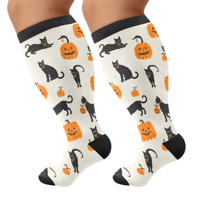 Plus Size Cat Pumpkin MoonCompression Socks - Black - 4XL - image 8