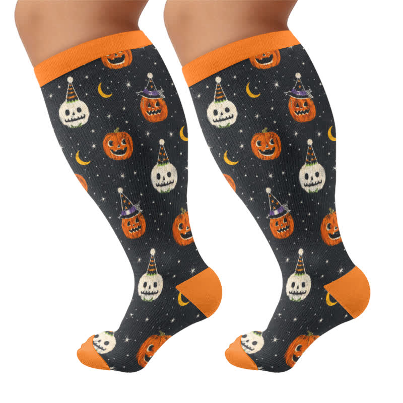 Plus Size Cat Pumpkin MoonCompression Socks - Orange - 4XL - image 10