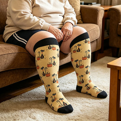 Plus Size Black Cat Ghost Compression Socks - Yellow - 4XL - image 2