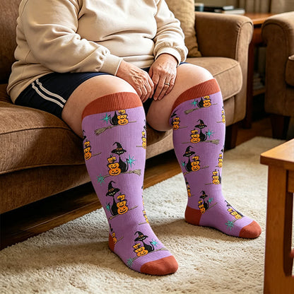 Plus Size Black Cat Ghost Compression Socks - Purple - 4XL - image 3