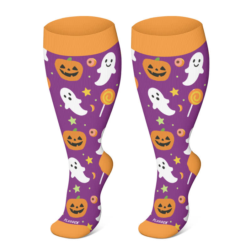 Plus Size Halloween Cute Bat Cat Print Compression Socks - Orange-A - 4XL - image 14