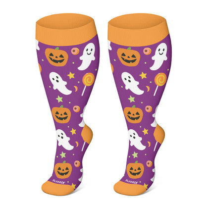 Plus Size Halloween Cute Bat Cat Print Compression Socks - Orange-A - 4XL - image 14