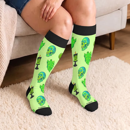 Plus Size Neon Skull Compression Socks - Green - 4XL - image 1