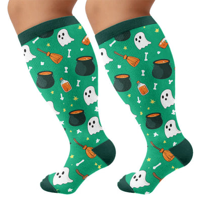 Plus Size Skeleton Party Compression Socks - Green - 4XL - image 10