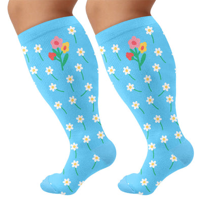 Plus Size Floral Patchwork Compression Socks - Blue - 4XL - image 7