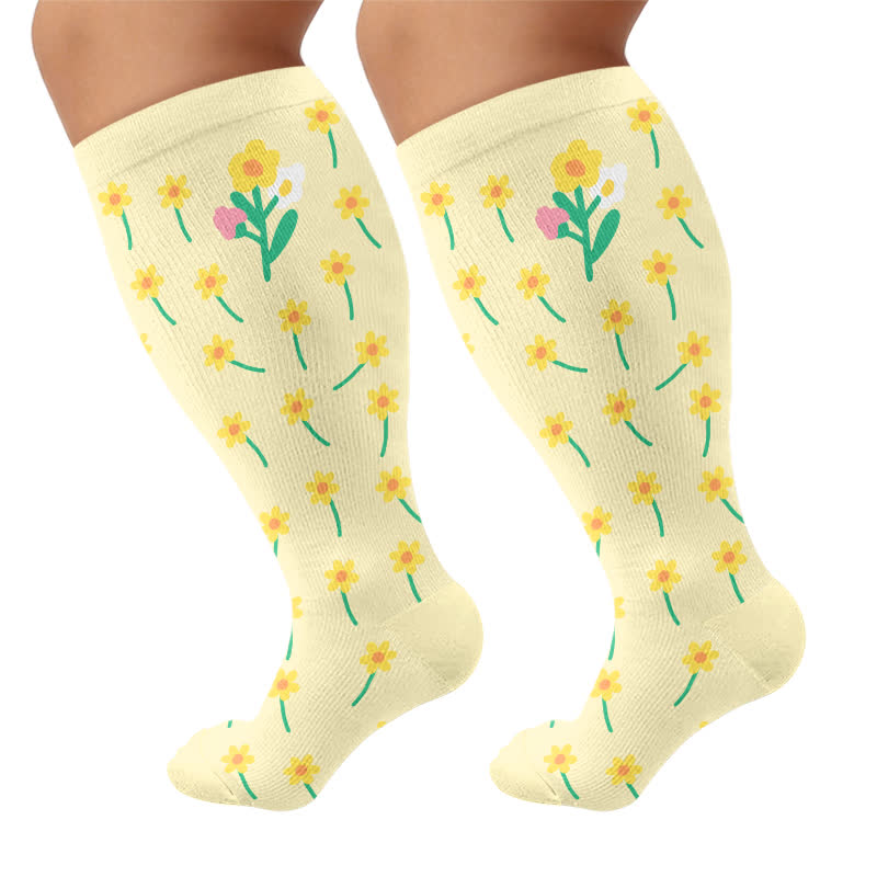 Plus Size Floral Patchwork Compression Socks - Yellow - 4XL - image 9
