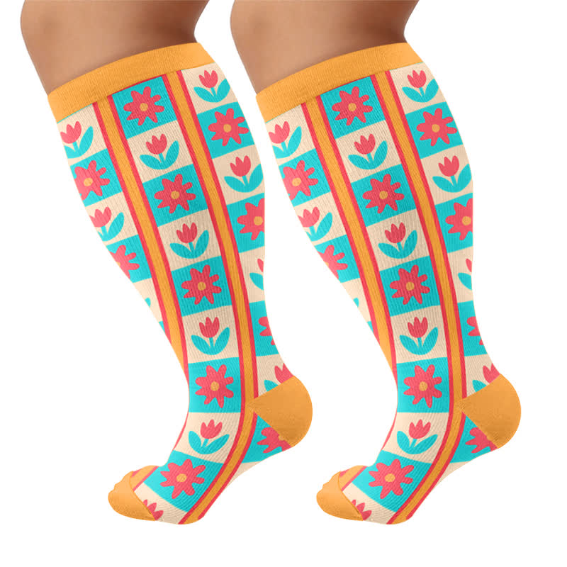 Plus Size Floral Patchwork Compression Socks - Orange - 4XL - image 5