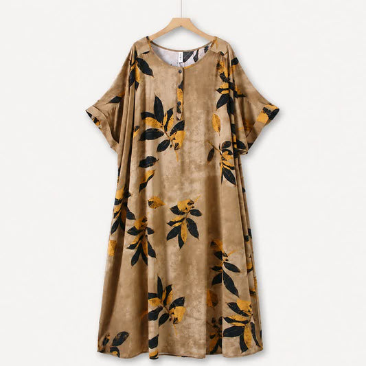 Leaf Print Relaxed Midi Dress - Khaki - 5XL - image 0