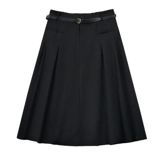 Elegant Pleated Belted Midi Skirt - Black - 7XL - image 0