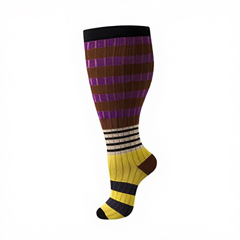 Plus Size Colorblock Stripe Compression Socks(4 Pairs) - Brown - 4XL - image 9