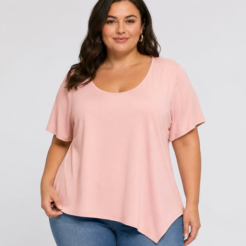 Plus Size Asymmetric Hem Cotton Blouse - image 7