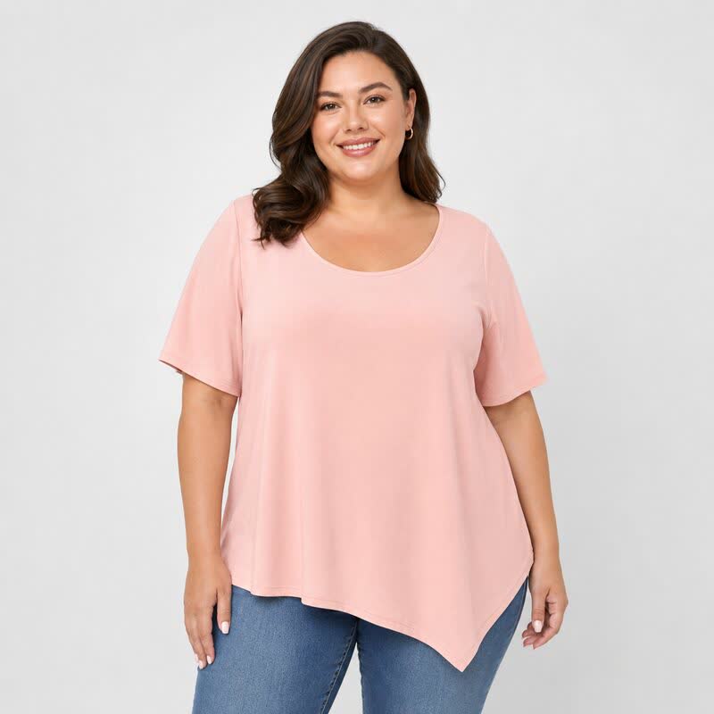 Plus Size Asymmetric Hem Cotton Blouse - image 5