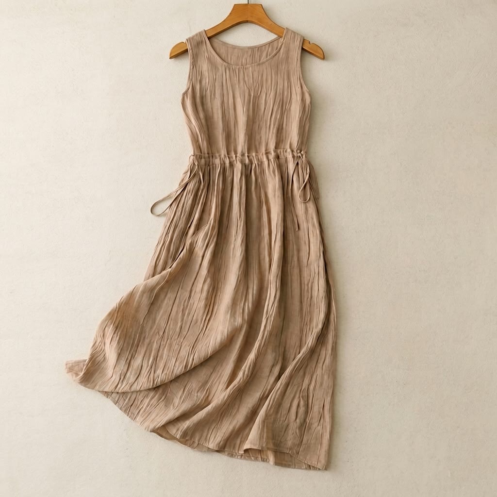 Ramie Lyocell Drawstring Midi Dress - Khaki - 2XL - image 5