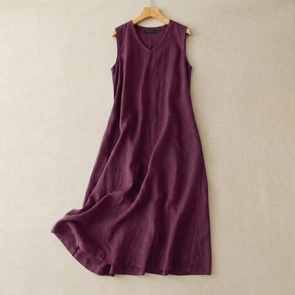 V-Neck Cotton Linen Maxi Dress - Purple - 5XL - image 3