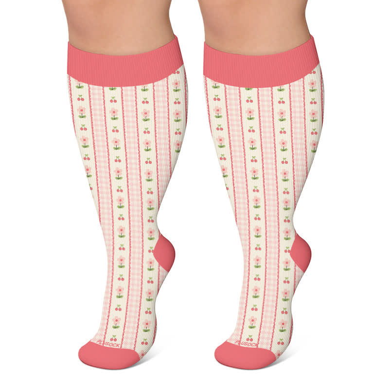 Plus Size Floral Stripe Compression Socks - Pink - 4XL - image 5