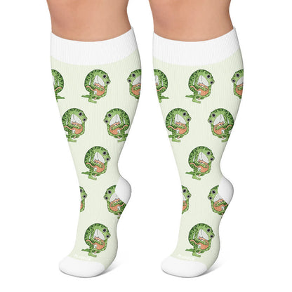 Plus Size Cartoon Frog Print Compression Socks - Green - 4XL - image 4