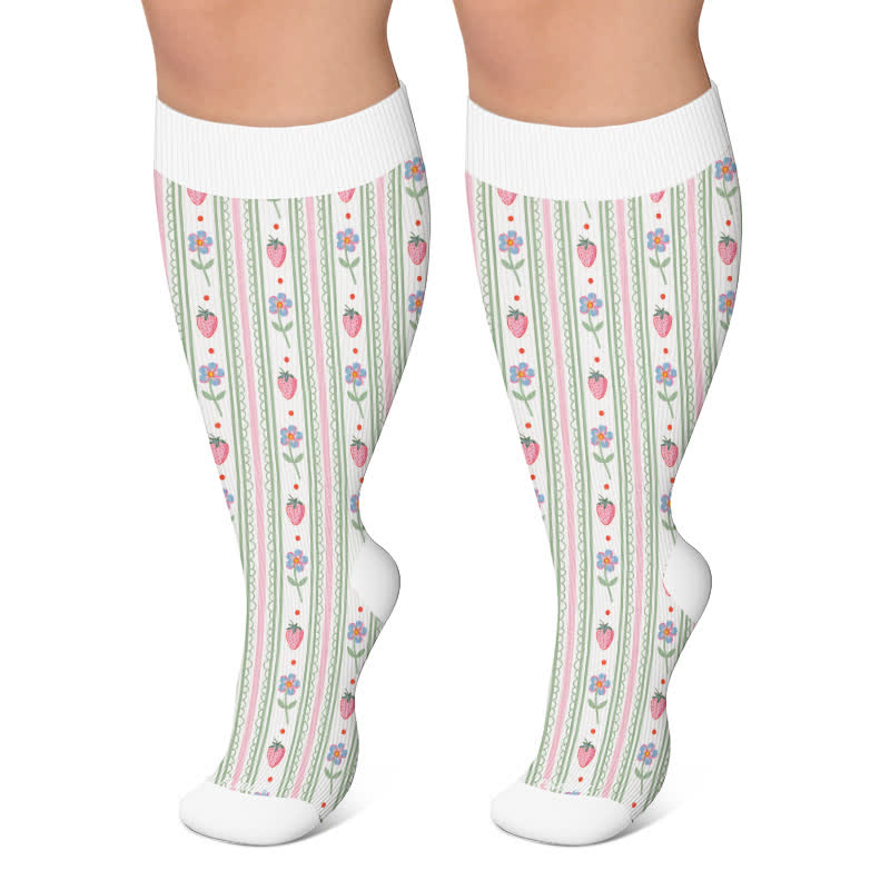 Plus Size Strawberry Kitty Garden Compression Socks - White - 4XL - image 4