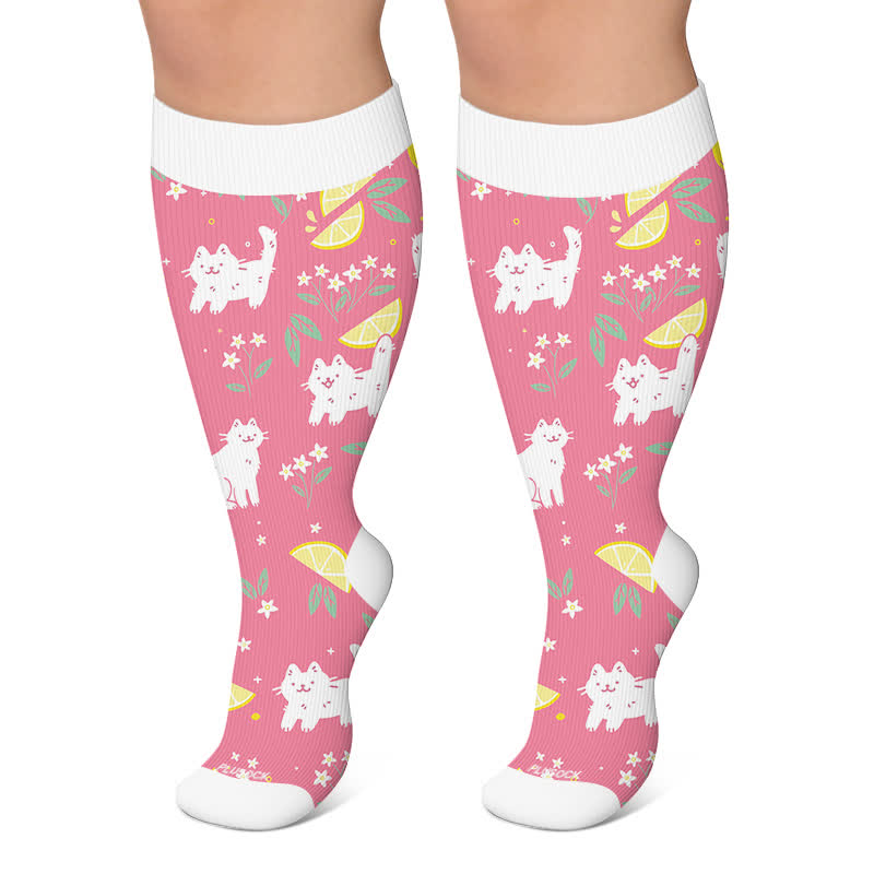 Plus Size Strawberry Kitty Garden Compression Socks - Pink - 4XL - image 6