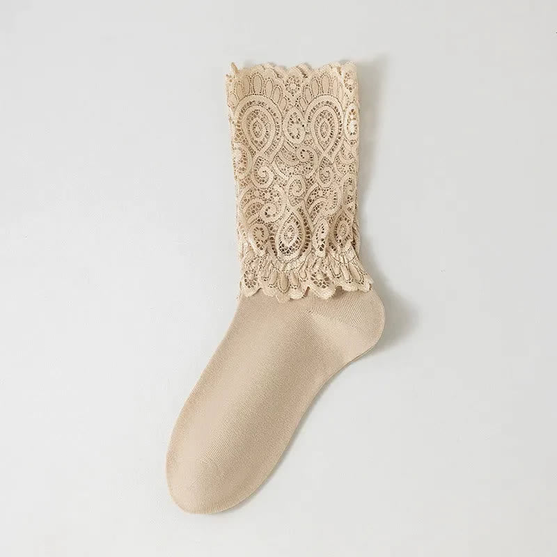 Elegant Floral Lace Cuff Quarter Socks(4 Pairs) - Nude - EU36-40(US3-7) - image 4