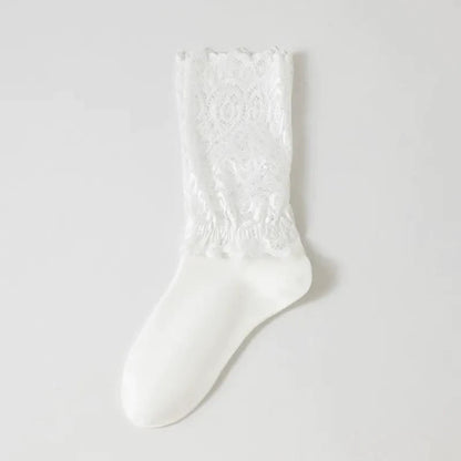 Elegant Floral Lace Cuff Quarter Socks(4 Pairs) - White - EU36-40(US3-7) - image 1