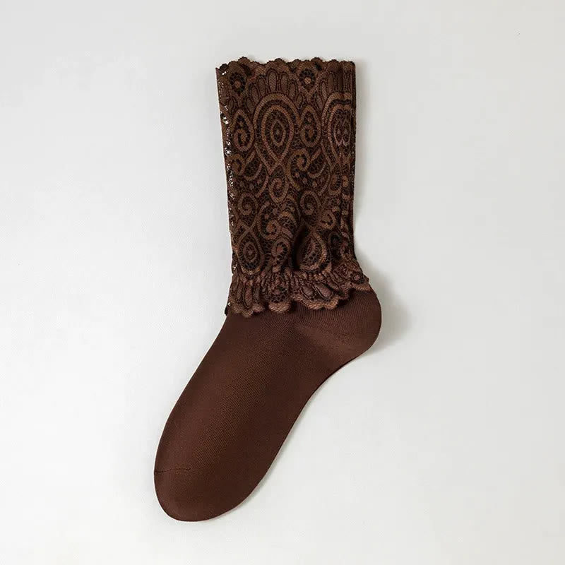 Elegant Floral Lace Cuff Quarter Socks(4 Pairs) - Coffee - EU36-40(US3-7) - image 3