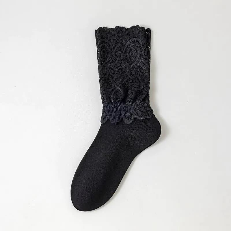 Elegant Floral Lace Cuff Quarter Socks(4 Pairs) - Black - EU36-40(US3-7) - image 2