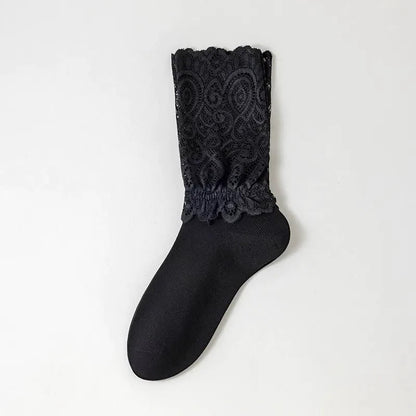 Elegant Floral Lace Cuff Quarter Socks(4 Pairs) - Black - EU36-40(US3-7) - image 2