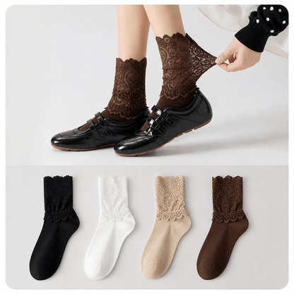 Elegant Floral Lace Cuff Quarter Socks(4 Pairs) - image 0