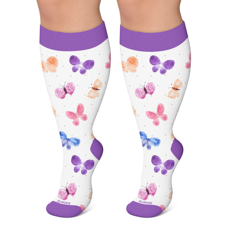 Plus Size Butterfly Meadow Printed Compression Socks - Purple - 4XL - image 4